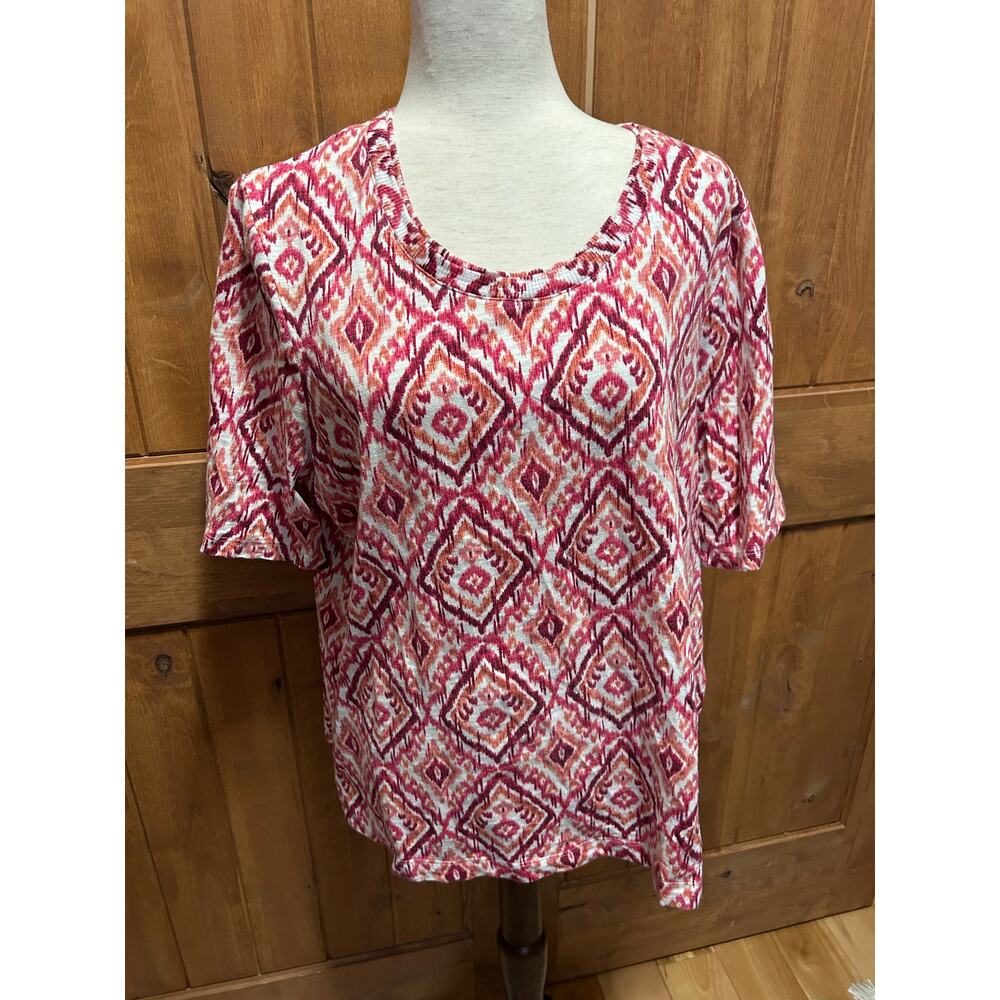 Chico's Southwestern Patterned Boho Cotton TShirt Size 3 Red Pink